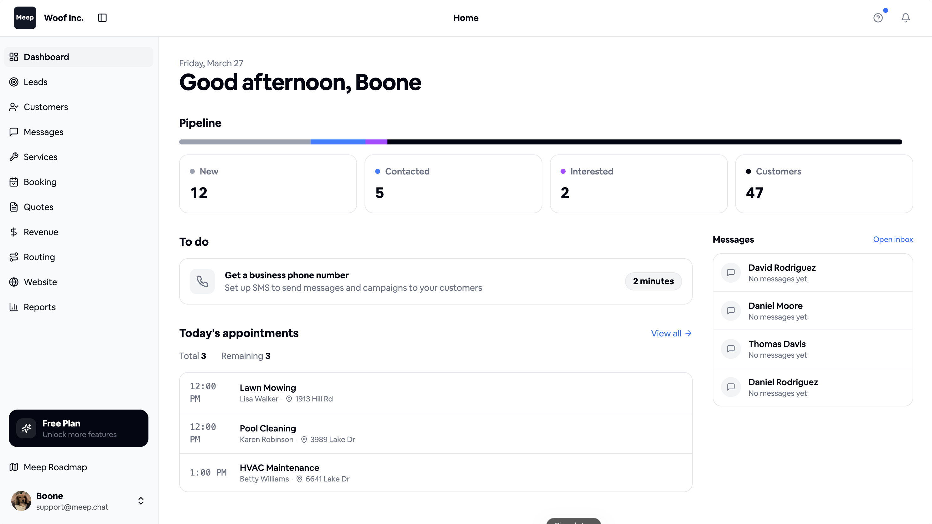 Meep dashboard showing your business at a glance